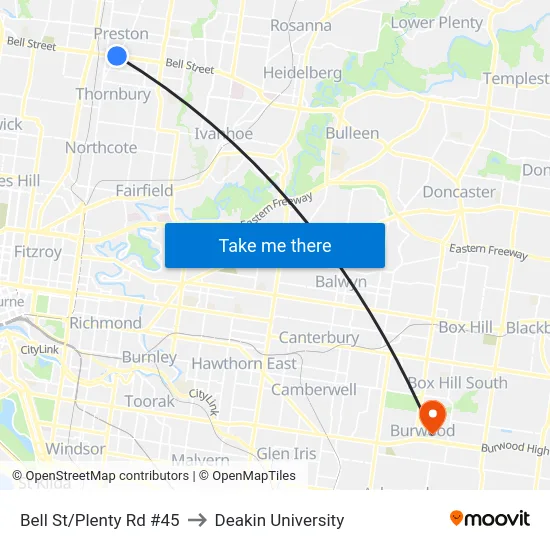 Bell St/Plenty Rd #45 to Deakin University map