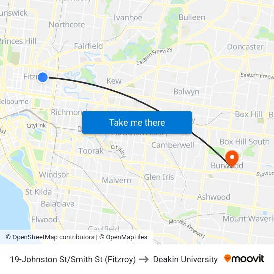 Johnston St/Smith St #19 to Deakin University map