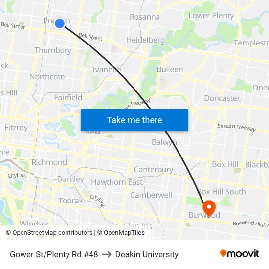 Gower St/Plenty Rd #48 to Deakin University map