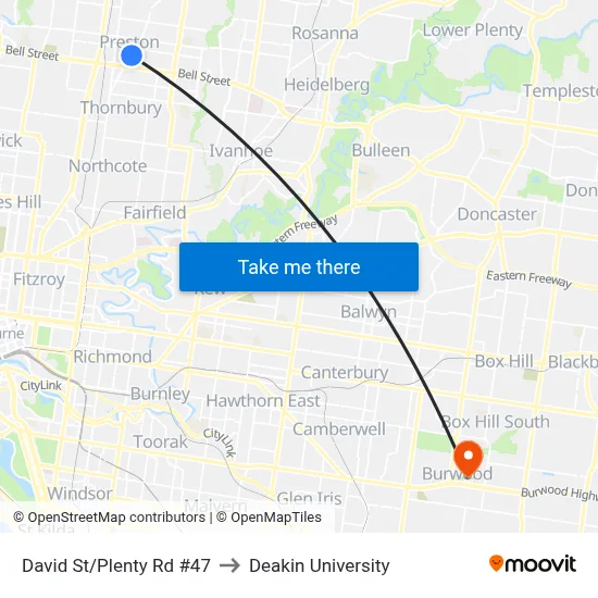 David St/Plenty Rd #47 to Deakin University map