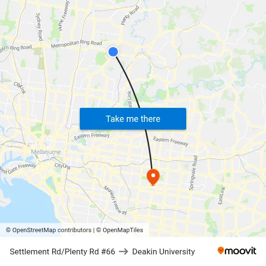 Settlement Rd/Plenty Rd #66 to Deakin University map