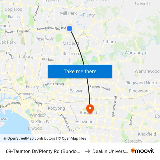Taunton Dr/Plenty Rd #69 to Deakin University map