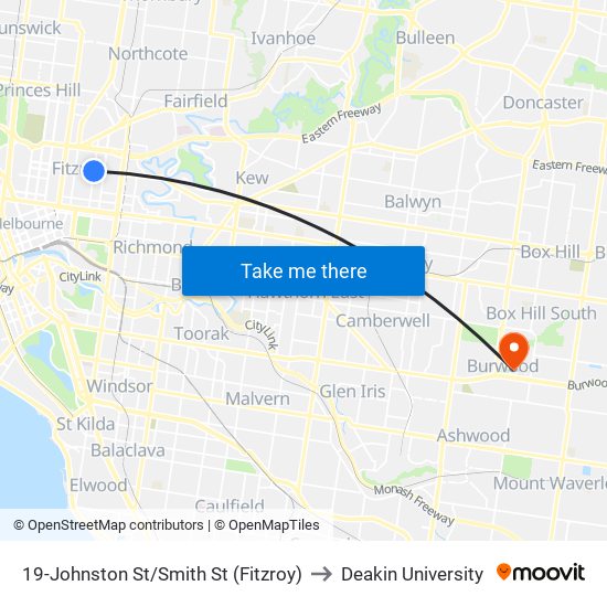19-Johnston St/Smith St (Fitzroy) to Deakin University map