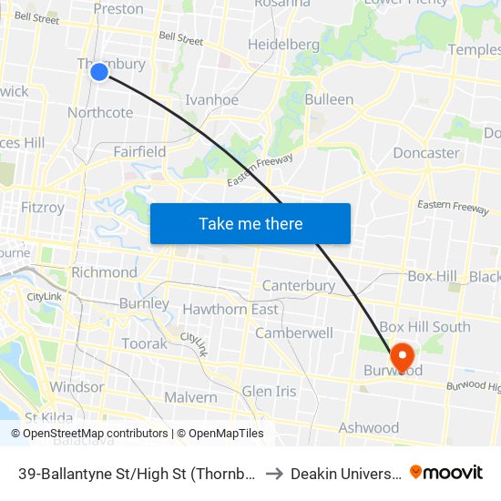 39-Ballantyne St/High St (Thornbury) to Deakin University map