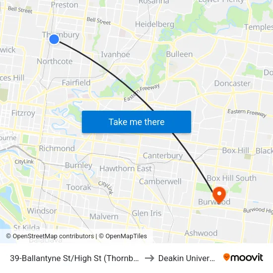 Ballantyne St/High St #39 to Deakin University map