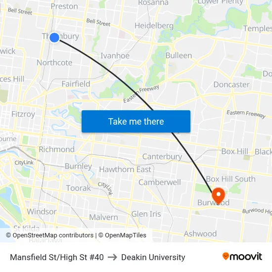 Mansfield St/High St #40 to Deakin University map