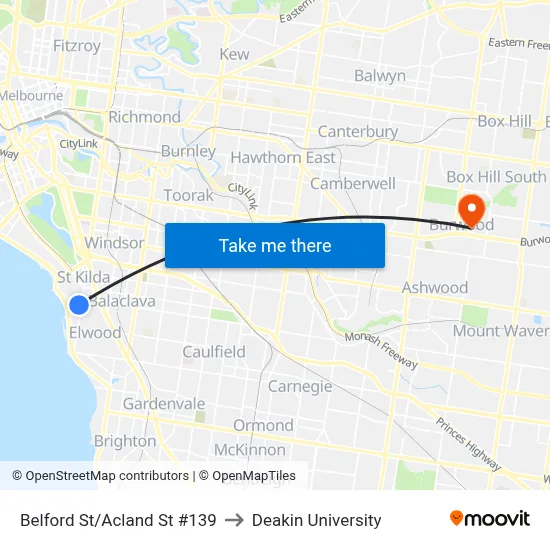 Belford St/Acland St #139 to Deakin University map
