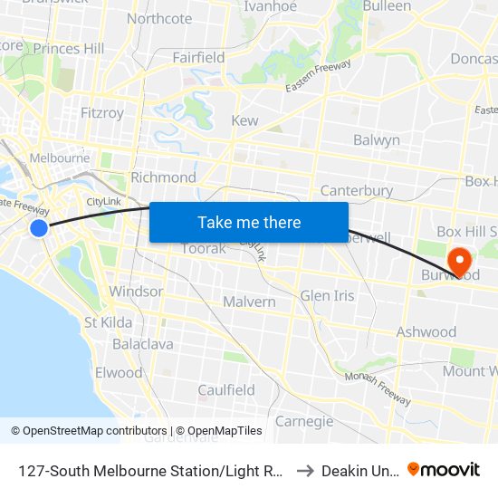 127-South Melbourne Station/Light Rail (South Melbourne) to Deakin University map