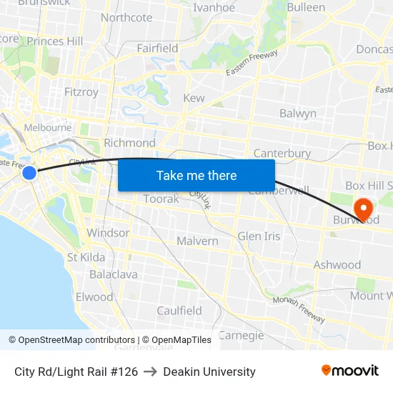 City Rd/Light Rail #126 to Deakin University map