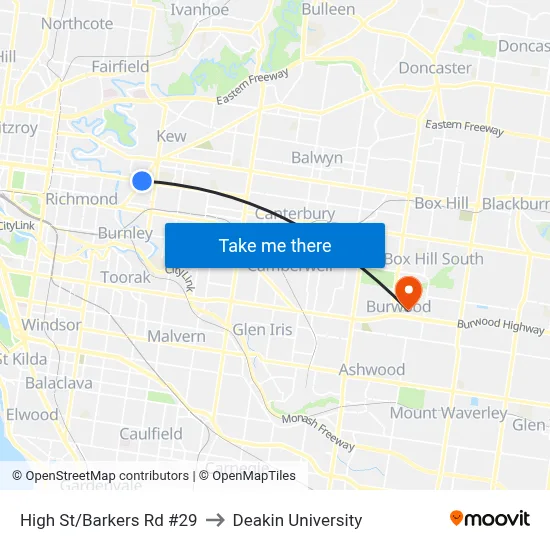 High St/Barkers Rd #29 to Deakin University map