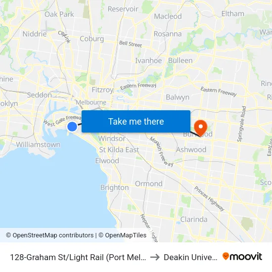 Graham St/Light Rail #128 to Deakin University map