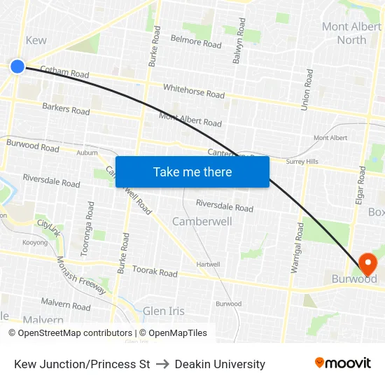 Kew Junction/Princess St to Deakin University map