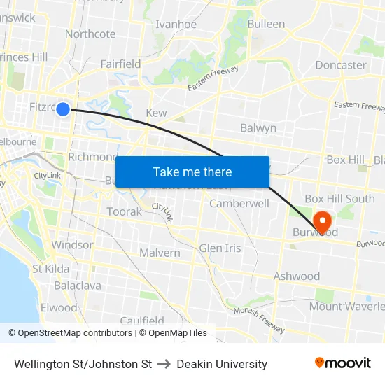 Wellington St/Johnston St to Deakin University map