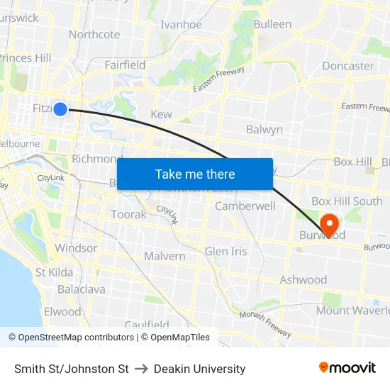 Smith St/Johnston St to Deakin University map