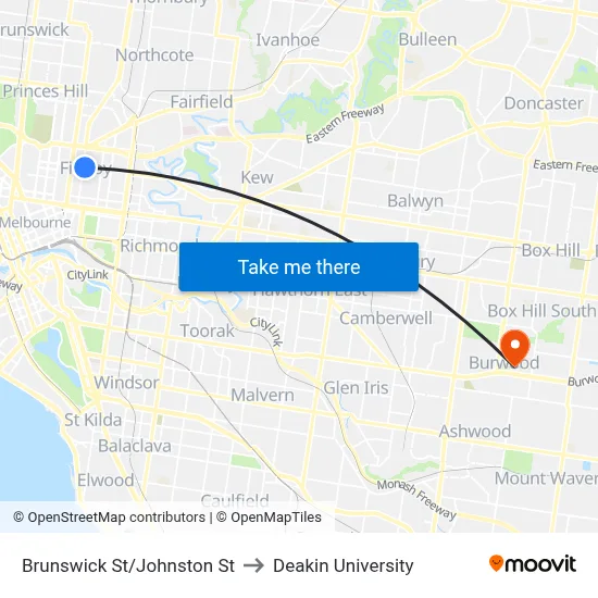 Brunswick St/Johnston St to Deakin University map
