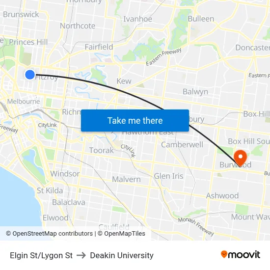Elgin St/Lygon St to Deakin University map