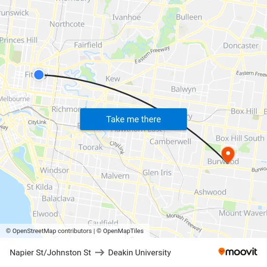 Napier St/Johnston St to Deakin University map