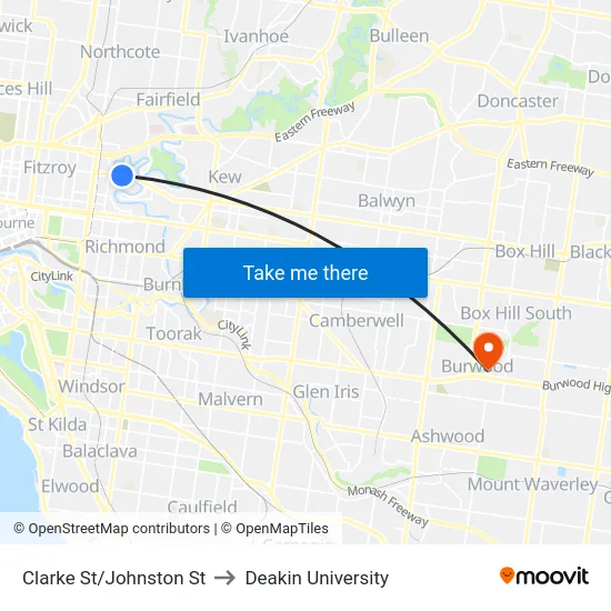 Clarke St/Johnston St to Deakin University map