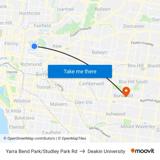 Yarra Bend Park/Studley Park Rd to Deakin University map