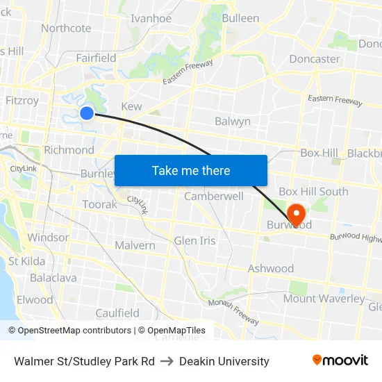 Walmer St/Studley Park Rd to Deakin University map