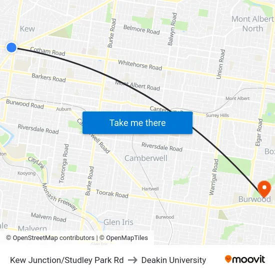Kew Junction/Studley Park Rd to Deakin University map