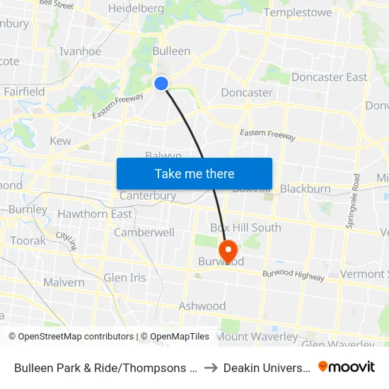 Bulleen Park & Ride/Thompsons Rd to Deakin University map