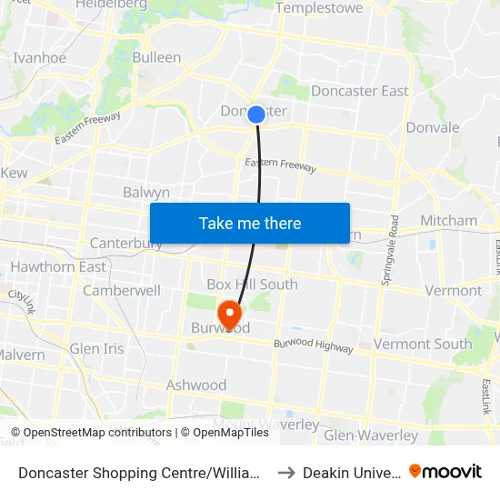 Doncaster Shopping Centre/Williamsons Rd to Deakin University map