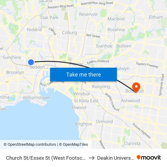 Church St/Essex St (West Footscray) to Deakin University map