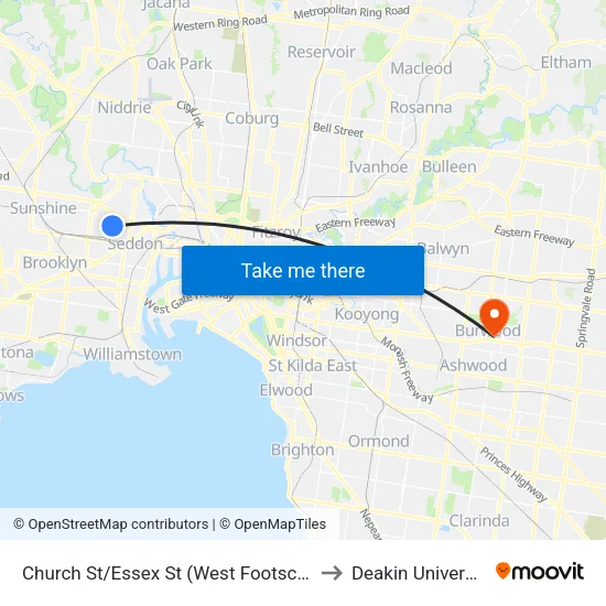 Church St/Essex St to Deakin University map