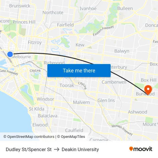 Dudley St/Spencer St to Deakin University map