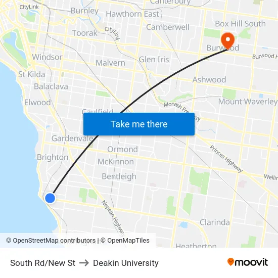 South Rd/New St to Deakin University map