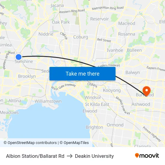 Albion Station/Ballarat Rd to Deakin University map