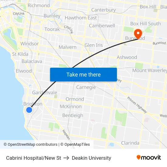 Cabrini Hospital/New St to Deakin University map