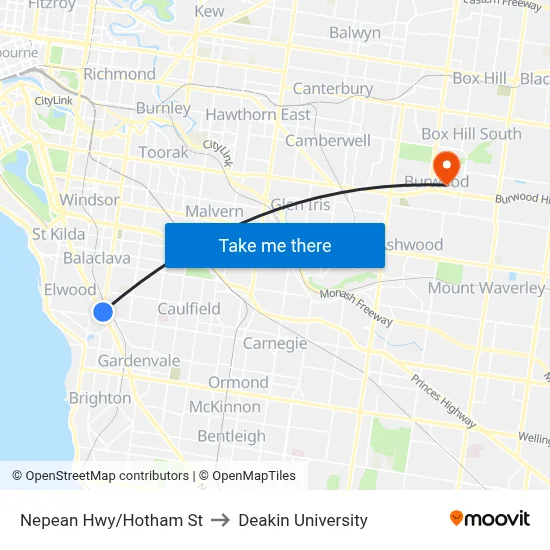 Nepean Hwy/Hotham St to Deakin University map