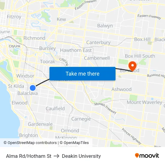 Alma Rd/Hotham St to Deakin University map
