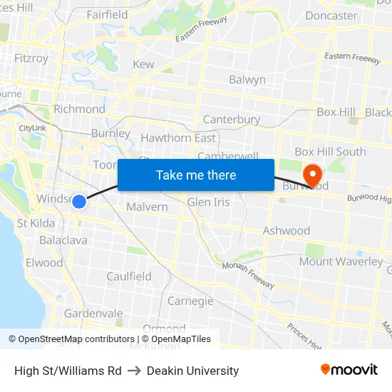 High St/Williams Rd to Deakin University map