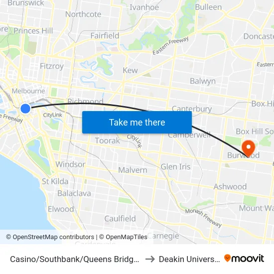 Casino/Southbank/Queens Bridge St to Deakin University map