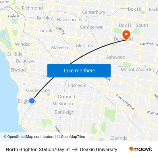 North Brighton Station/Bay St to Deakin University map