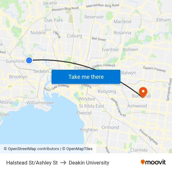 Halstead St/Ashley St to Deakin University map
