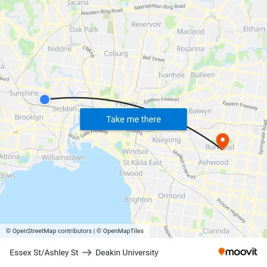 Essex St/Ashley St to Deakin University map