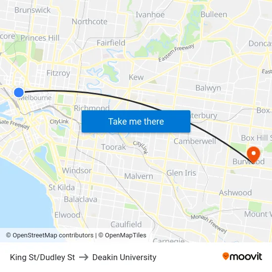 King St/Dudley St to Deakin University map
