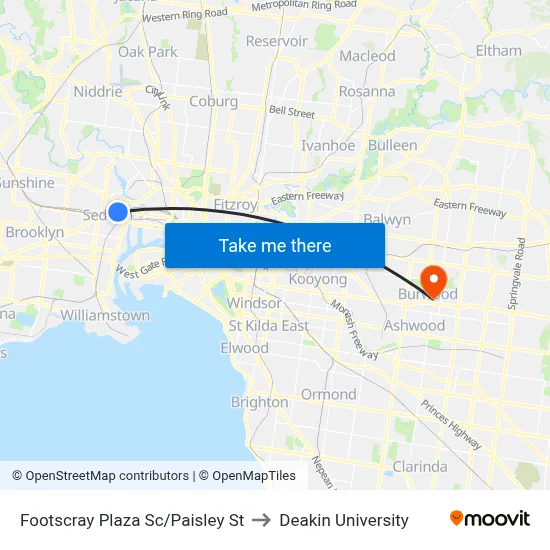 Footscray Plaza Sc/Paisley St to Deakin University map