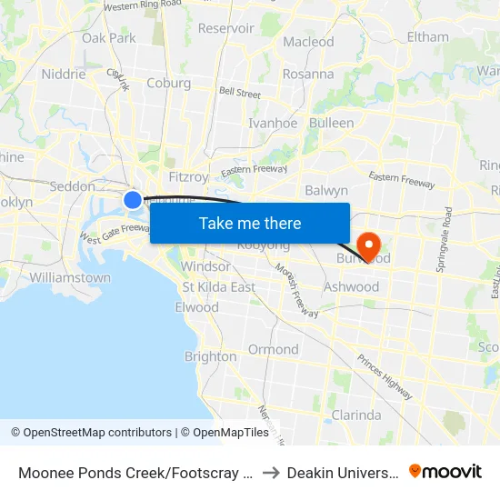 Moonee Ponds Creek/Footscray Rd to Deakin University map