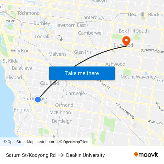 Saturn St/Kooyong Rd to Deakin University map