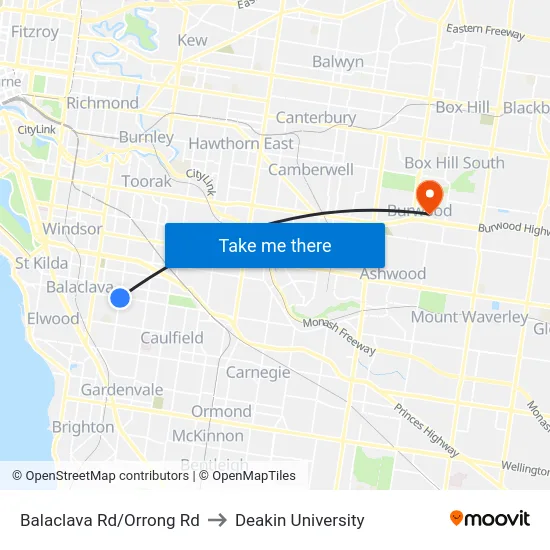 Balaclava Rd/Orrong Rd to Deakin University map