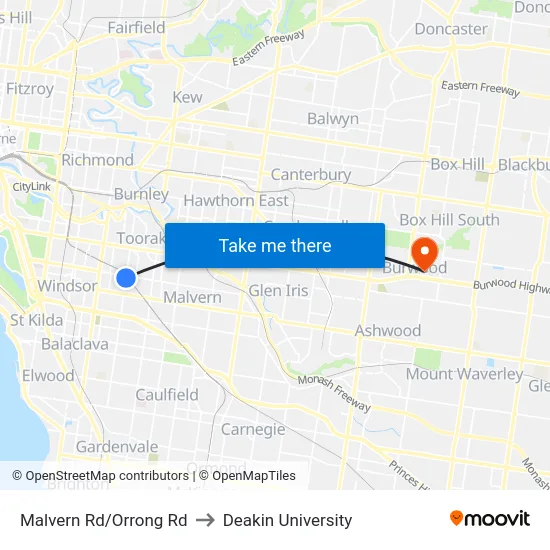 Malvern Rd/Orrong Rd to Deakin University map
