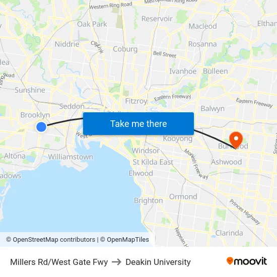 Millers Rd/West Gate Fwy to Deakin University map