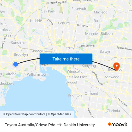 Toyota Australia/Grieve Pde to Deakin University map