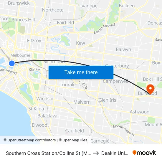 Southern Cross Station/Collins St to Deakin University map