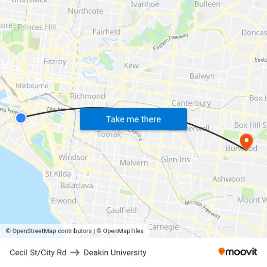 Cecil St/City Rd to Deakin University map